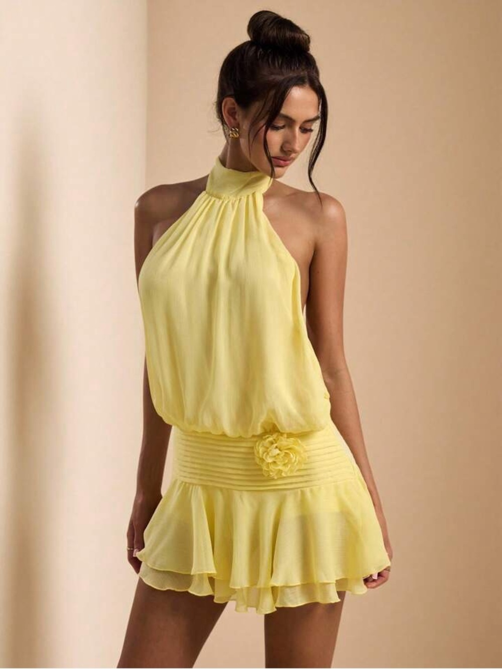 SHEIN Pale Yellow Halter Ruffle Mini Dress